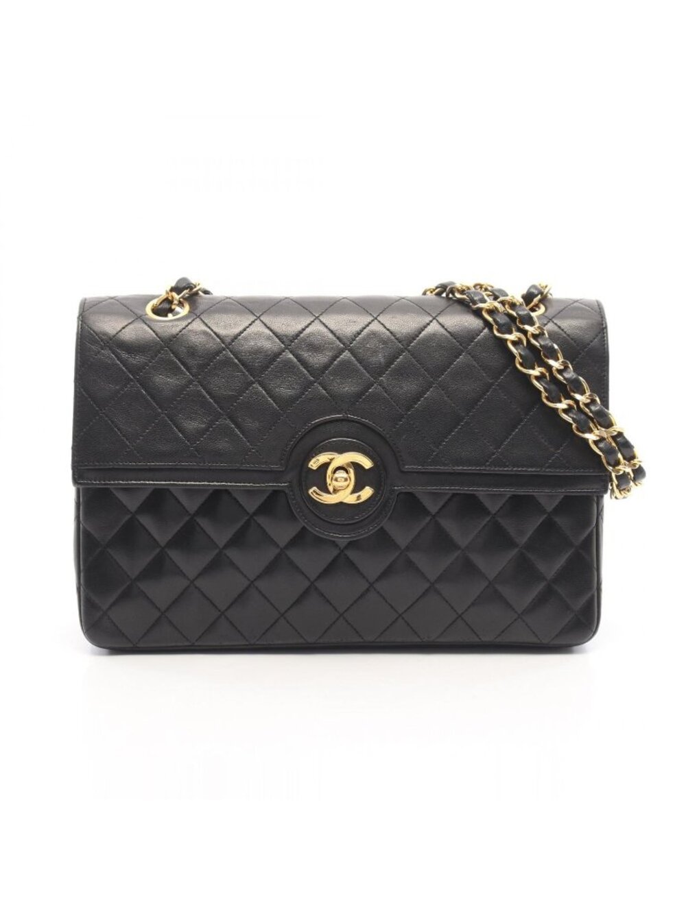 Chanel Shoulder Bag Quilted Black Lambskin Single Flap Chain